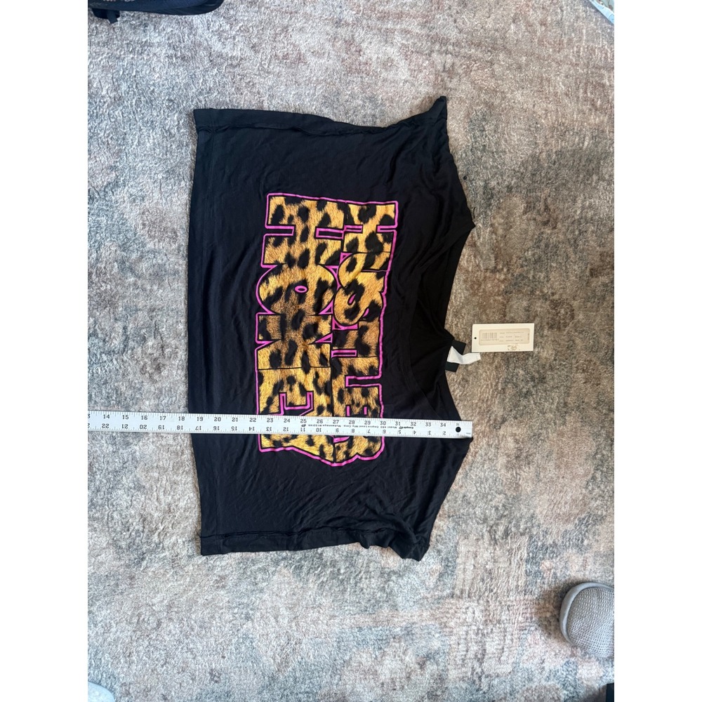 Y2K Hustler‎ Honey Graphic Crop Top Black Leopard Print Pink Logo Off Shoulder L - Picture 2 of 7